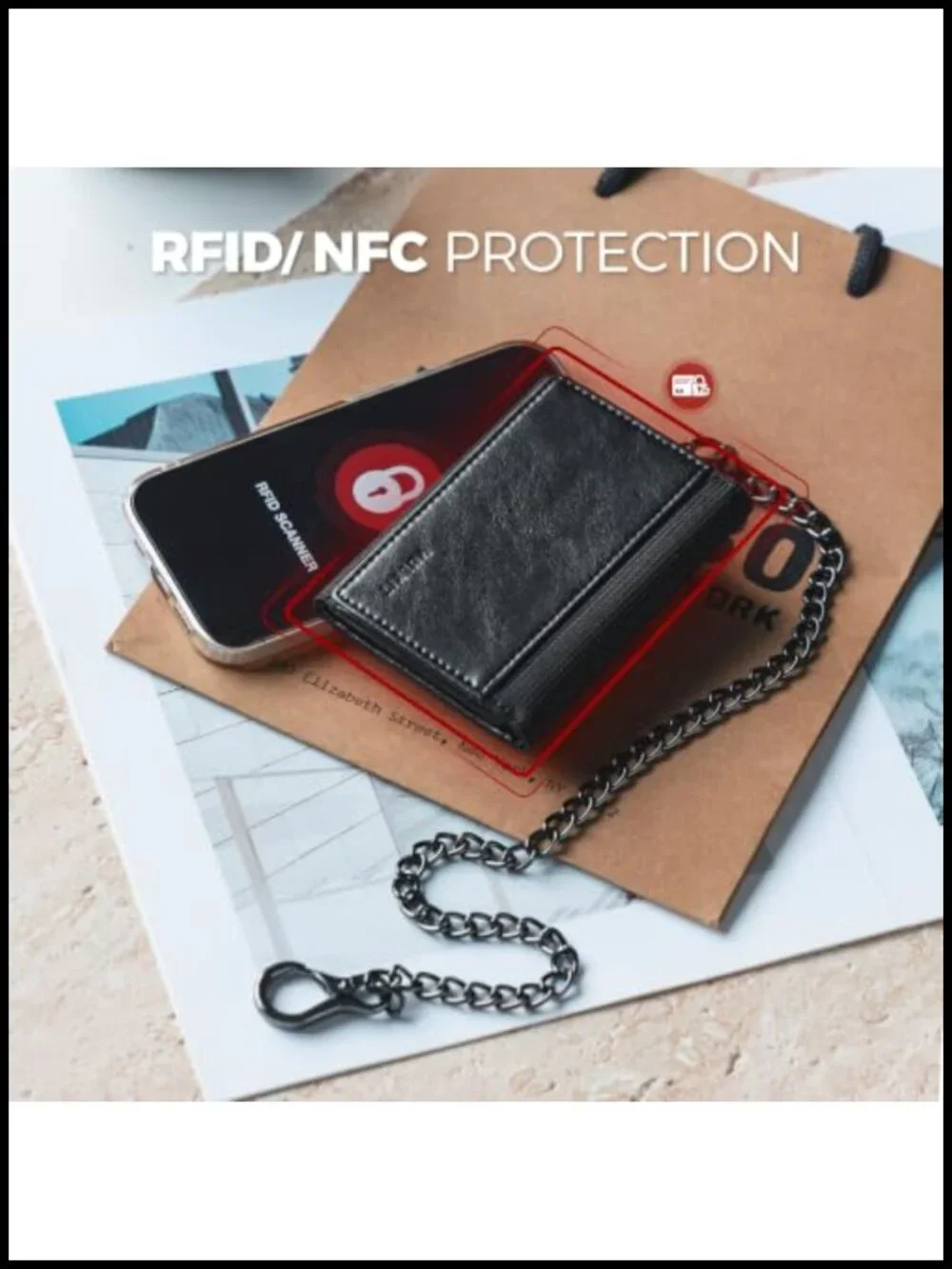 Men's Anti-Theft Trifold Wallet with Chain, RFID Blocking, Leather & Tech Fabric